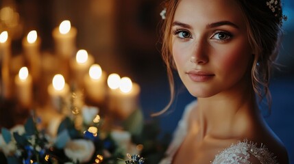 Fototapeta premium Elegant bride portrait with soft lighting and candle background, holding bouquet, romantic atmosphere, Copy Space
