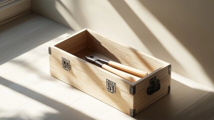 A minimalist toolbox styled with bold typography placed on a light-colored floor. digital