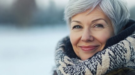 Portrait of a smiling older woman with short gray hair wearing a patterned scarf against a blurred winter background Copy Space