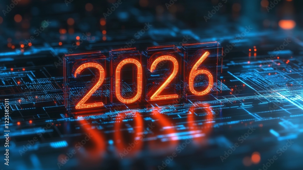 Poster glowing digital 3d number 2026 on futuristic microchip with blue backlighting 2026 tech background