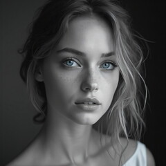 black and white portrait of a woman with bright blue eyes 