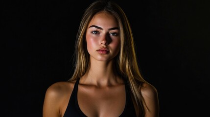 Portrait of a young woman with long hair wearing a black outfit against a dark background with soft lighting and Copy Space