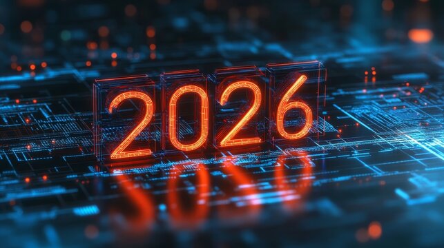 Glowing Digital 3D Number 2026 on Futuristic Microchip With Blue Backlighting 2026 Tech Background