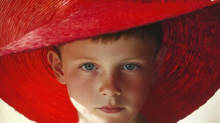 Portrait of a child wearing a large red straw hat with blue eyes and freckles against a neutral background Copy Space