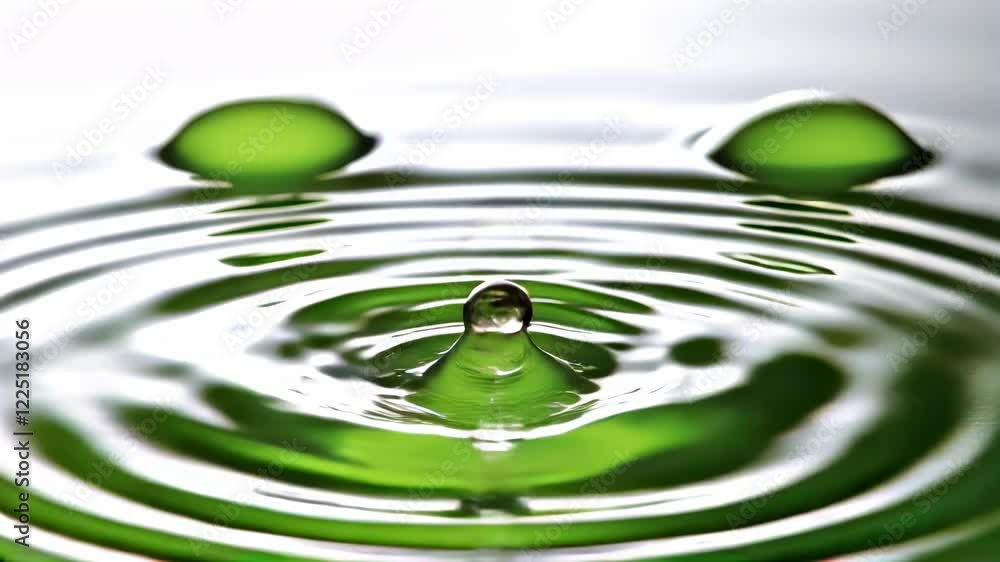 Poster close up view of a green liquid drop impacting a surface, creating concentric ripples. the backgroun