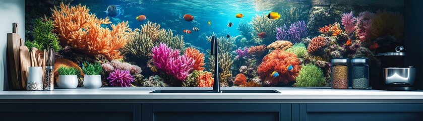 Obraz premium Vibrant coral reef scene backsplash in modern kitchen. Perfect for home decor, interior design, and kitchen renovation projects.