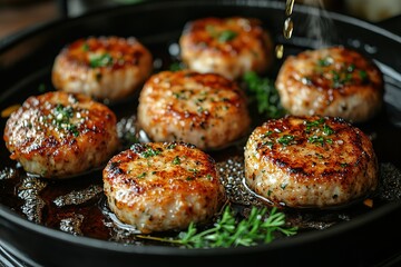 Sizzling patties cooking in a pan seasoned with herbs and glistening with oil