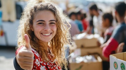Happy young woman giving thumbs up at community event with people and boxes in background. Copy Space.