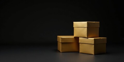 Elegant Gold Gift Boxes on Dark Background, a Luxurious Presentation for Special Occasions