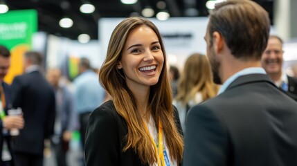 young woman with a confident smile interacts with professionals at a networking event, embodying openness and a strong networking purpose.