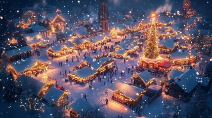 Fototapeta premium Isometric snowy Christmas market in Vienna with glowing lights and festive stalls