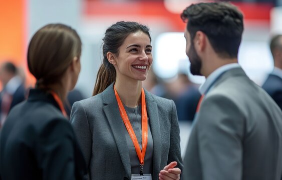 At a trade show, a young woman confidently interacts with colleagues, excited to enhance her communication and networking skills.