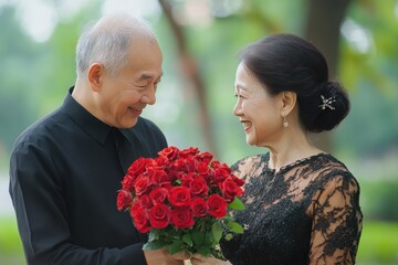 An older man Southeast Asian gives a bouquet of roses to an older woman on Valentine's Day