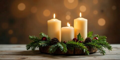 Serene Winter Solstice Candlescape Featuring Evergreen Boughs and Festive Accents on Rustic Wooden Surface