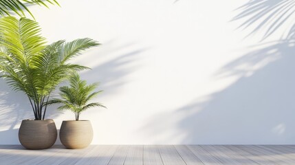Obraz premium A serene interior space featuring two potted plants casting shadows on a light-colored wall, creating a calming atmosphere.