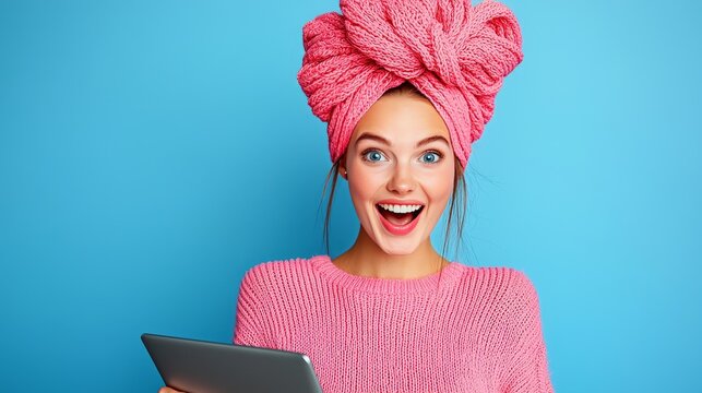 Joyful Woman in Pink Turban Using Tablet Indoor Setting Digital Engagement Vibrant Atmosphere Upbeat Perspective