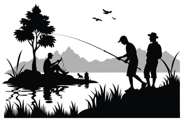 Man fishing from a lake coast silhouettes