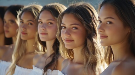 Fototapeta premium Portrait of five young women standing in a line in natural light looking at the camera with soft smiles and flowing hair