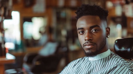 Portrait of a young man in a barber shop wearing a striped cape sitting in a chair with a focused expression Copy Space