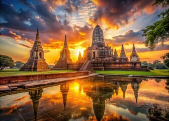 Fototapeta premium Ayutthaya's Wat Chaiwatthanaram: Sunrise paints the ancient temple, a captivating double exposure photograph.