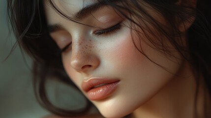 Close-up of woman's face with relaxed expression, natural makeup and freckles, soft lighting, copy space for text