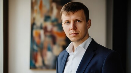 Businessman in formal attire standing in a modern office interior with abstract artwork in the background Copy Space