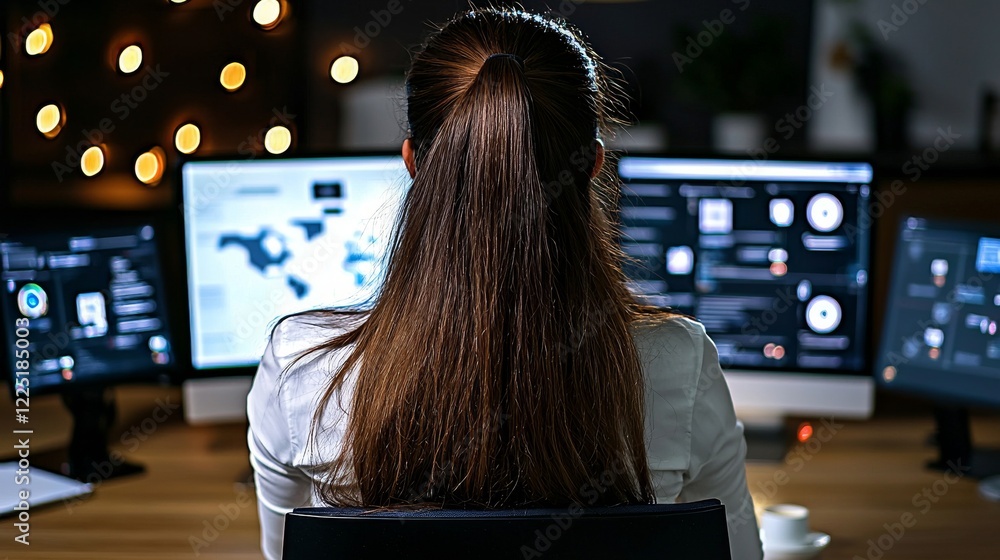 Poster data analyst working late office setting digital workspace nighttime rear view focus on productivity
