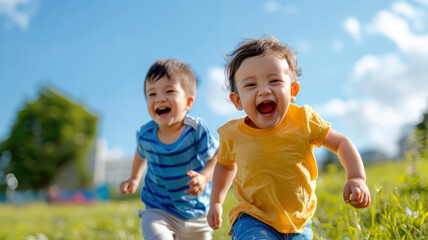 Fototapeta premium Two joyful children are running down grassy hill on sunny day, with smiles on their faces and clear blue sky in background