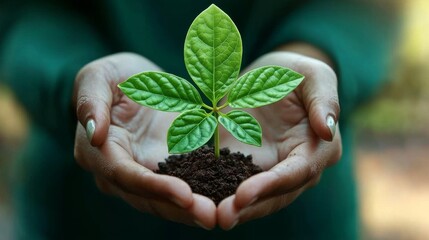 Nurturing Growth Hands Holding Young Plant Seedling Outdoor Garden Nature Photography Close-Up Shot Sustainability Concept