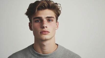Fototapeta premium Portrait of a young man with stylish hair in a cozy sweater against a neutral background with Copy Space for text placement