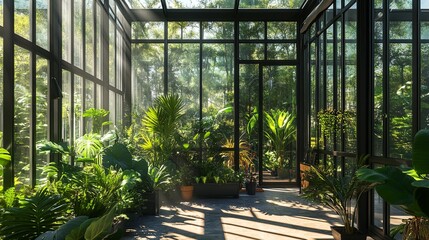 A modern greenhouse with floor-to-ceiling glass walls filled with tropical plants. digital