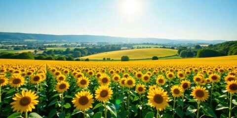 Fototapeta premium Golden Sunflowers Basking in Summer's Embrace A Serene Pastoral Landscape of Rolling Hills and Abundant Blooms