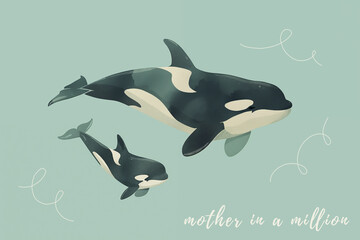 Obraz premium Sweet postcard of a mother orca with her child. Great as greeting card for Mothers Day. Ai generated.