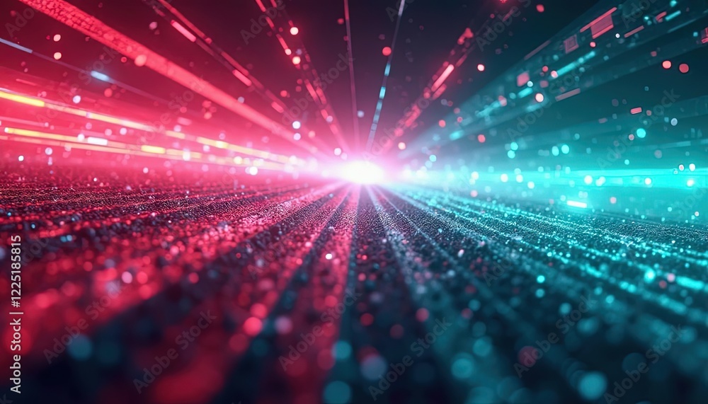 Poster Futuristic light beams and glowing trails in motion creating a tunnel effect with speed lines