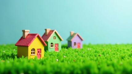 Vibrant Miniature Houses on Lush Green Field Representing Residential Development and Property Ownership