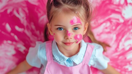 Fototapeta premium Portrait of a young girl with face paint sitting against a colorful pink background wearing a light blue shirt and pink overall, Copy Space