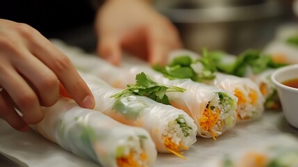 Crispy vegetarian fried rice paper spring rolls with soy sauce