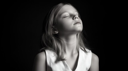 Fototapeta premium Portrait of a young girl with closed eyes in a contemplative pose against a dark background with soft lighting and copy space