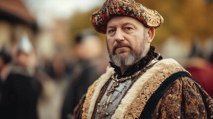 Fototapeta premium Man in historical costume with ornate textures and embroidered details during outdoor event with blurred background. Copy Space