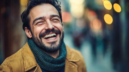 Smiling man with beard wearing brown jacket and green scarf in urban street with bokeh background and copy space