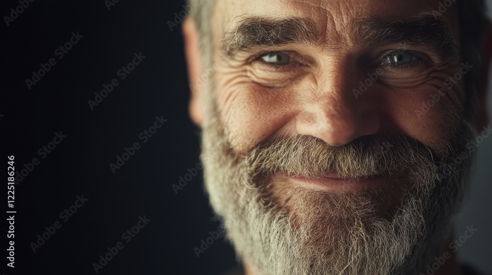 Poster smiling older man with a beard against a dark background showing expression and wrinkles in a close-