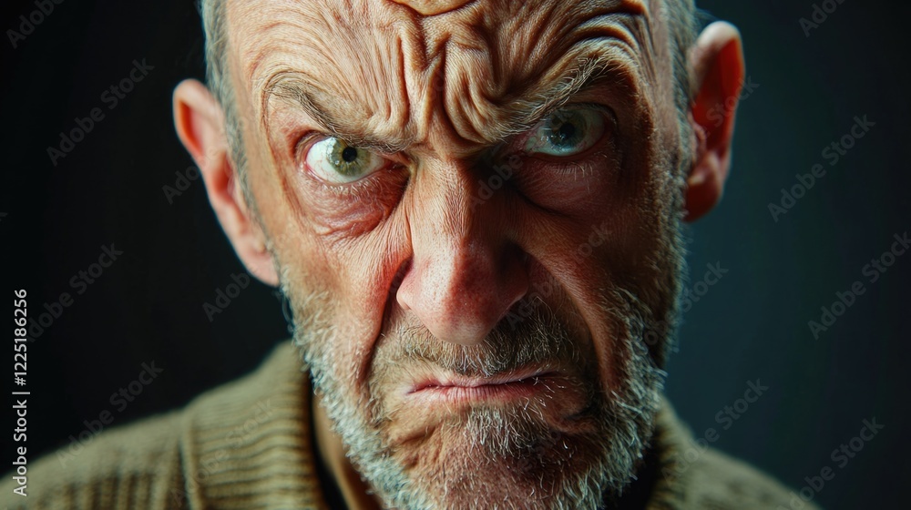 Poster angry elderly man with furrowed brow and intense expression close-up on dark background with shallow