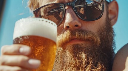 Bearded man in sunglasses holding a pint of beer with sunlight reflections in background Copy Space