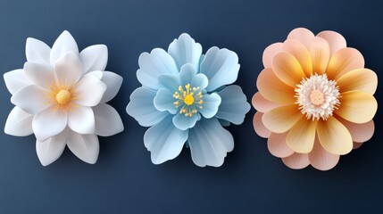 Obraz premium set of 3D rendered flowers in white, blue, yellow, and pink, designed as icons