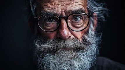 Aged man with glasses and long grey mustache and beard, intense expression, dark background, detailed facial features, Copy Space.