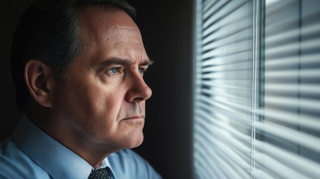 Close-up portrait of a thoughtful middle-aged man gazing out of a window with blinds reflecting light and shadows Copy Space
