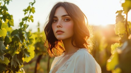 Portrait of a woman in a vineyard during sunset with warm light filtering through the grapevines and gentle facial features Copy Space