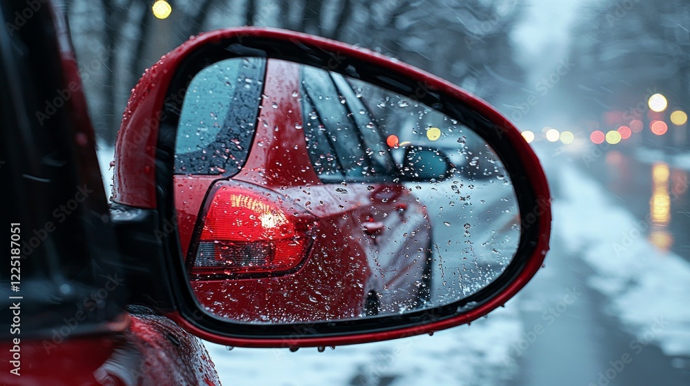 Poster a rainy evening creates a beautiful blur of colors in the side mirror of a red car. snow blankets th