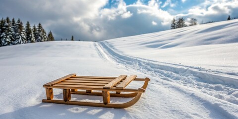 Wooden sled sits on pristine snow with beautiful sky and trees in a winter landscape