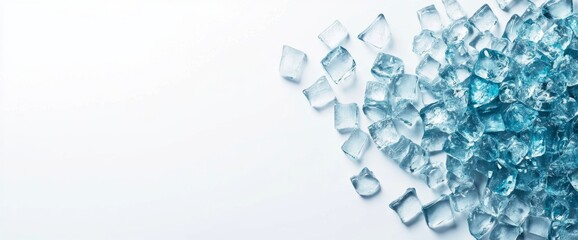 Fototapeta premium Ice cubes scattered on white background, refreshing drink concept
